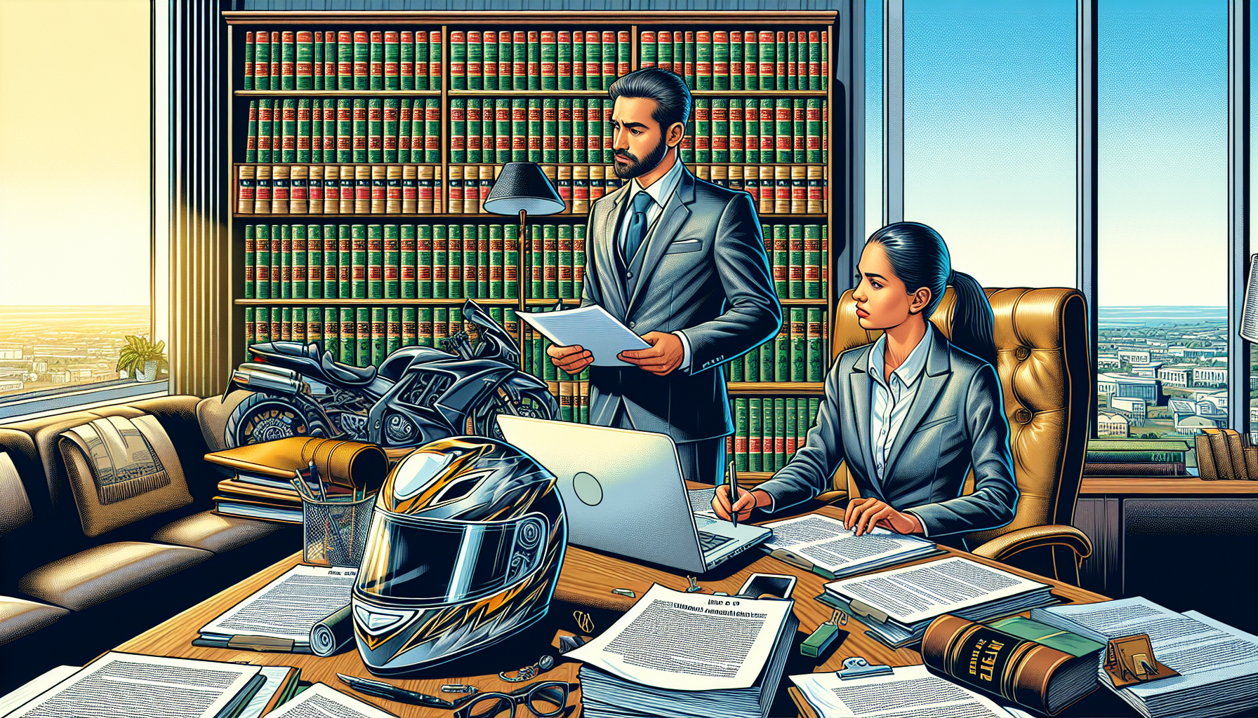 Prompt: A detailed and professional office setting showing a client and a motorbike accident attorney discussing a case. The room is filled with legal books, a laptop open to a legal directory, various legal documents spread on the table, and a motorbike accident helmet as evidence. The attorney is showing a document to the client, pointing out important details, while the client listens intently, taking notes. The atmosphere is focused and serious, emphasizing the importance of the consultation and evidence gathering.