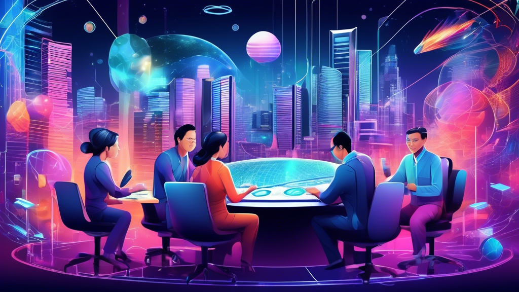 Create a detailed and dynamic illustration featuring a futuristic scene where individuals are analyzing and interpreting complex data sets to develop winning strategies for 2024 Singapore Togel. Include elements such as holographic graphs, advanced computers, and a modern, high-tech environment. Ensure the atmosphere conveys a sense of excitement and innovation.