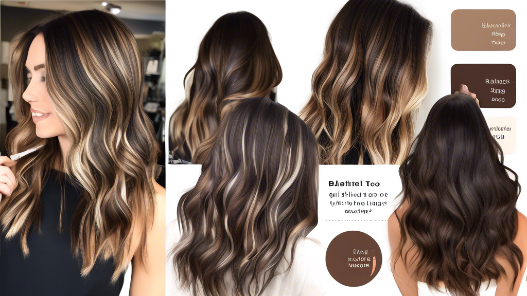 DALL-E Prompt: Illustration of a woman with dark brown hair, featuring various sections demonstrating different highlighting techniques such as balayage, ombre, and traditional foil highlights. The image includes a step-by-step guide with labeled steps on how to apply highlights, showing both professional tools and a DIY approach in a stylish yet informative manner.