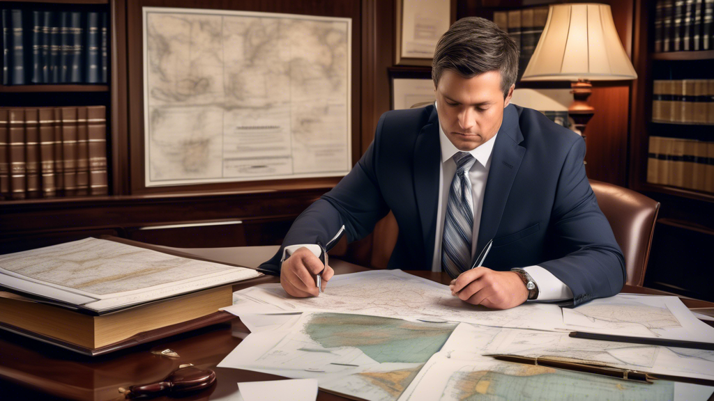 Create an image that shows a professional boat injury attorney in a formal office setting, attentively reviewing a case file. In the background, show a collage of maritime law books, nautical charts, and boating accident investigation reports to emphasize their specialized knowledge. The attorney should appear confident and focused, demonstrating their dedication to legal support and representation for clients involved in boating accidents.