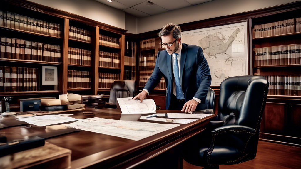 Create an image depicting a boat injury attorney confidently advising a client in a modern office setting. The background shows legal bookshelves with maritime law volumes, and framed nautical charts on the wall. The attorney is pointing at a document listing 