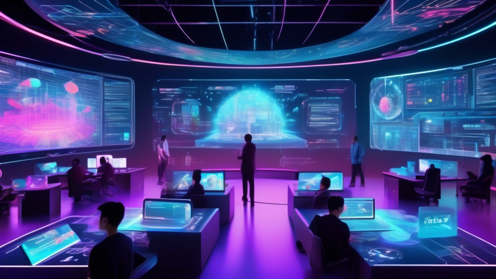 Create an image of a futuristic, high-tech data analysis room where people are accessing and interpreting Data Togel Singapore 2024 on multiple holographic screens. There are numbers, charts, and graphs floating in the air, while the room is illuminated with neon lights. In the center, a person is seen making strategic notes, symbolizing the idea of improving their lottery odds using advanced data analysis.