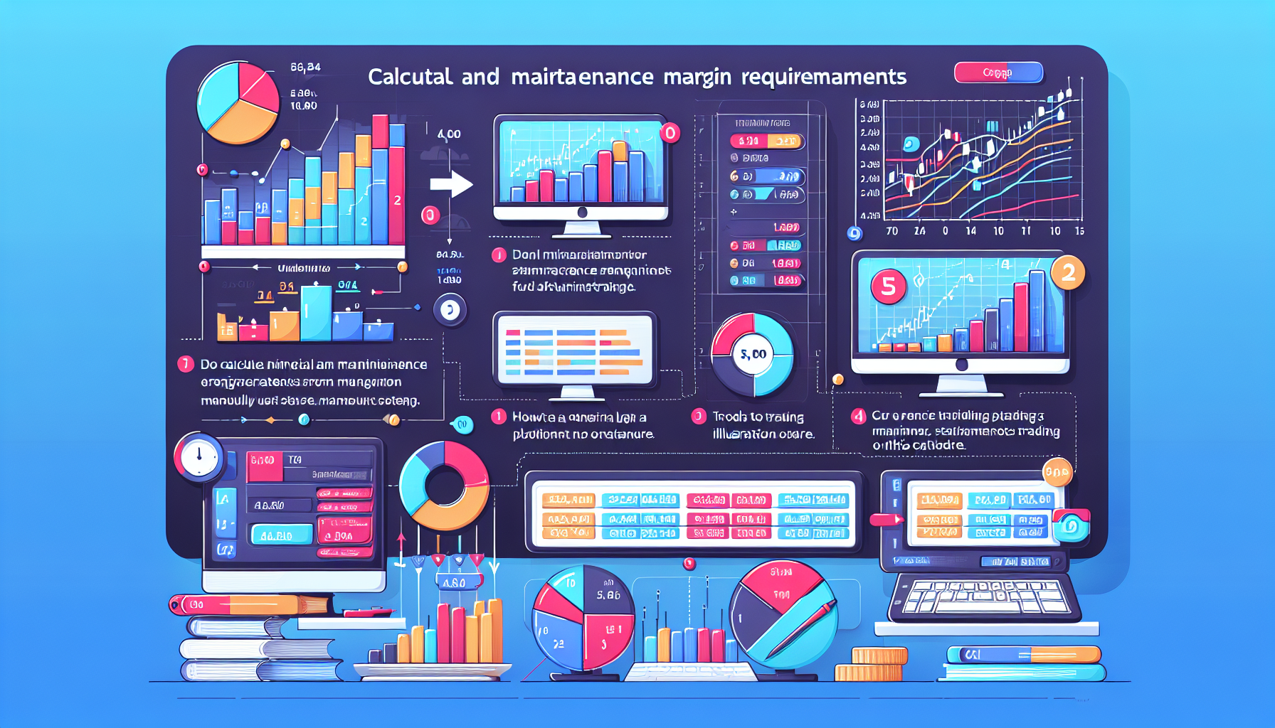 Create a detailed infographic showing the step-by-step process of calculating initial and maintenance margin requirements for futures trading on the NinjaTrader platform. Include visual elements such as charts, numerical examples, and a depiction of the NinjaTrader interface. Ensure the image is clear, concise, and educational, highlighting the key steps a trader needs to follow.