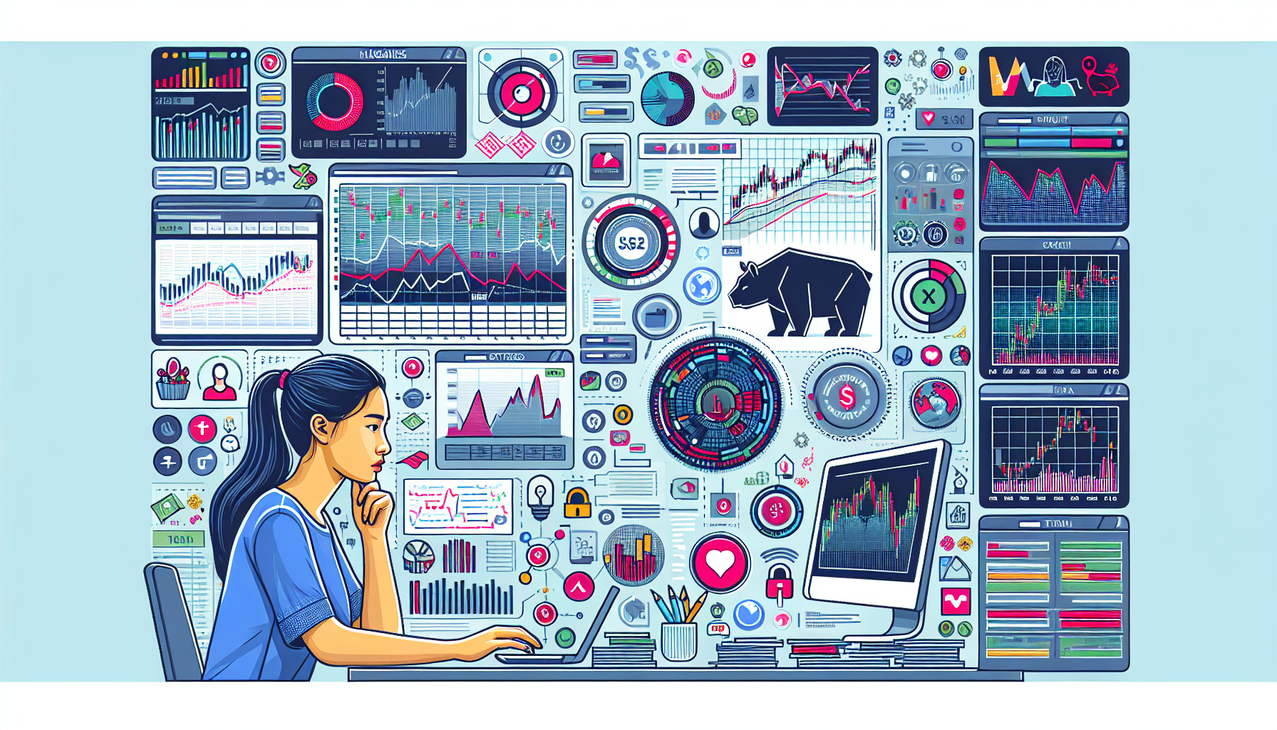 Create an image that showcases various strategies for managing futures margins effectively on NinjaTrader. The image should include elements such as a digital dashboard with charts and graphs, a trader thoughtfully analyzing data, and icons representing different tools and features on the NinjaTrader platform. Include subtle financial symbols like bull and bear icons to signify market trends, and ensure the overall theme evokes a sense of strategic planning and meticulous risk management in futures trading.