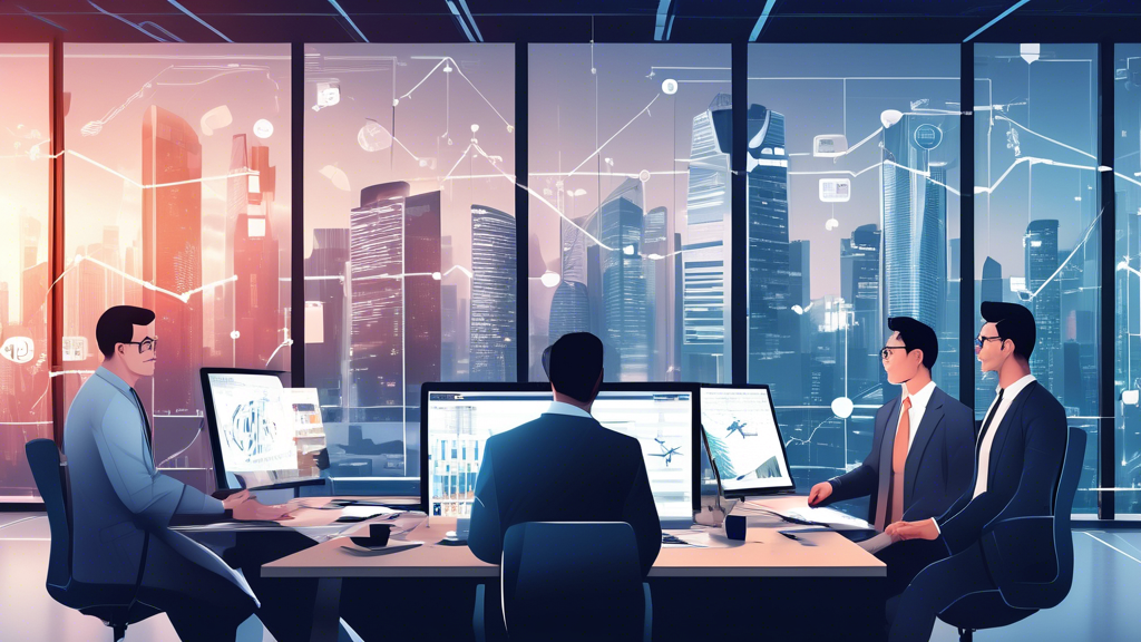 Create an image featuring a group of analytical professionals in a modern office setting, surrounded by charts, graphs, and computer screens displaying data related to Togel Singapore 2024. The background should show a cityscape of Singapore. The professionals should be engaged in a serious discussion, analyzing the data to make accurate predictions. The overall mood should reflect focus and determination.