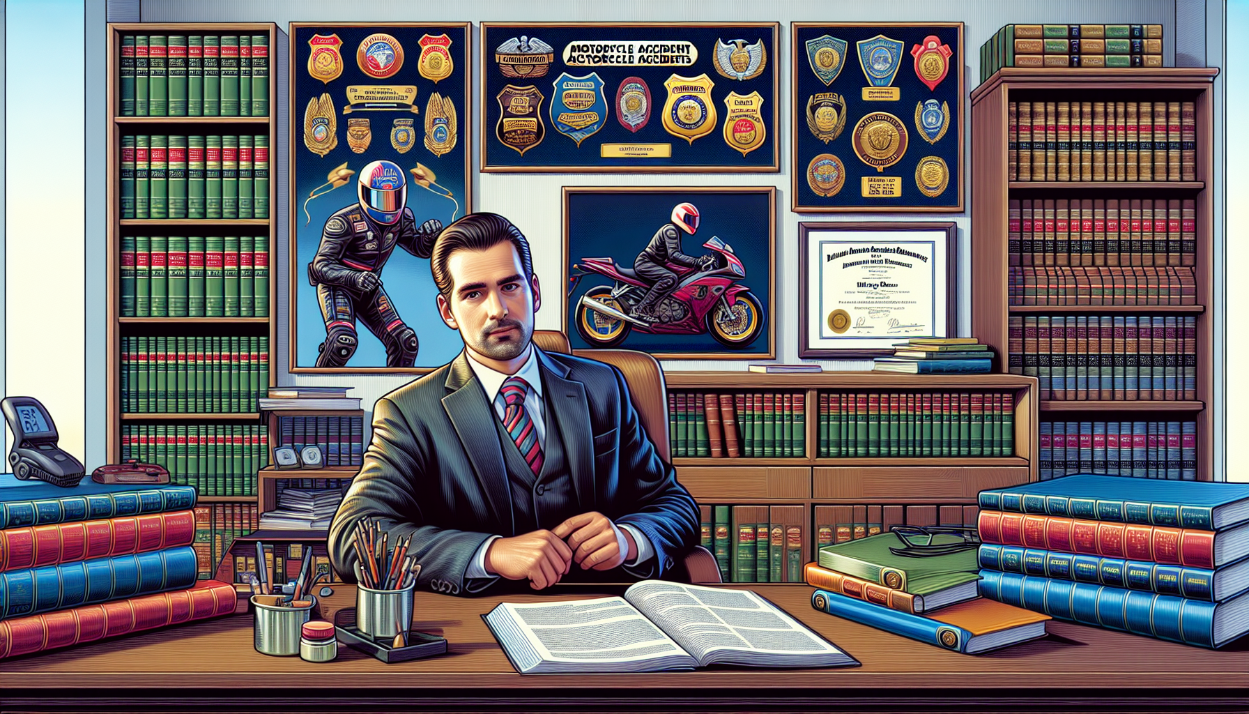 An experienced motorcycle accident lawyer sitting in a well-organized office, surrounded by legal books and motorcycle accident case files, nodding attentively as they listen to a client’s testimony. On the wall, there are diplomas and certificates next to a display showing membership badges from various respected legal associations.