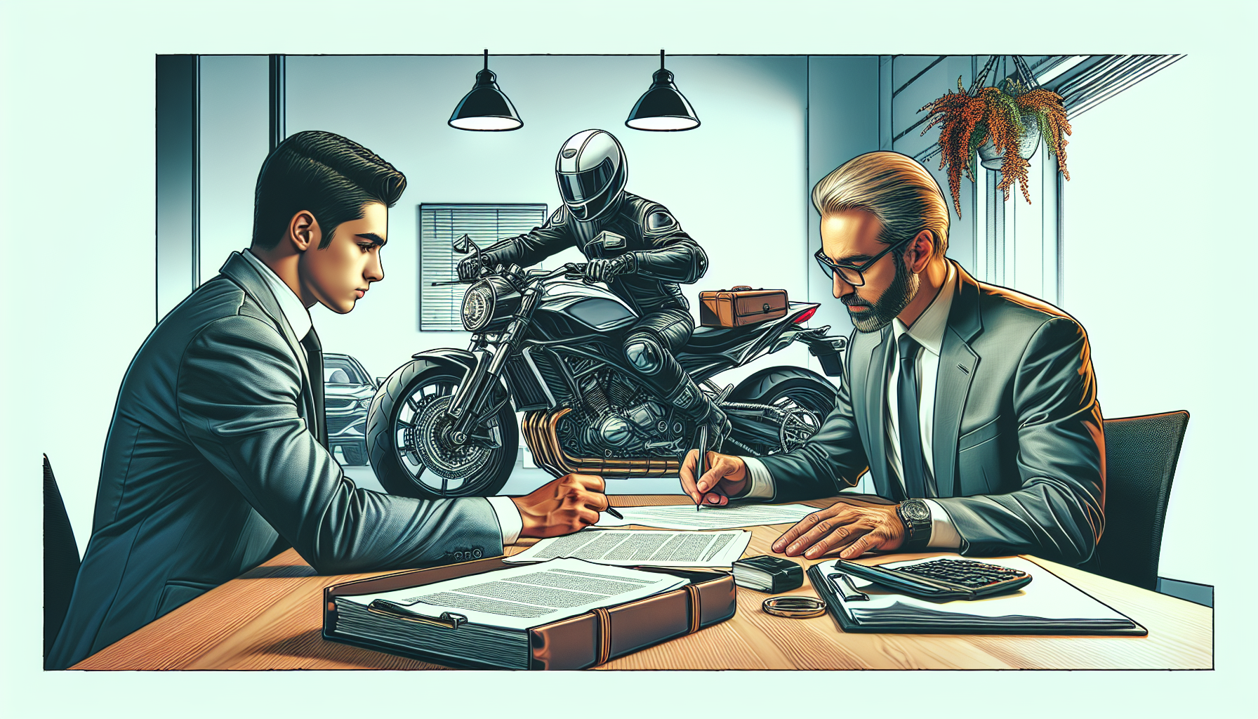 An in-depth consultation between a client and a motorcycle accident lawyer in a modern, well-appointed law office, with the client handing over documents to the lawyer who is attentively listening and taking notes, showcasing professionalism and a client-focused approach in a realistic setting.