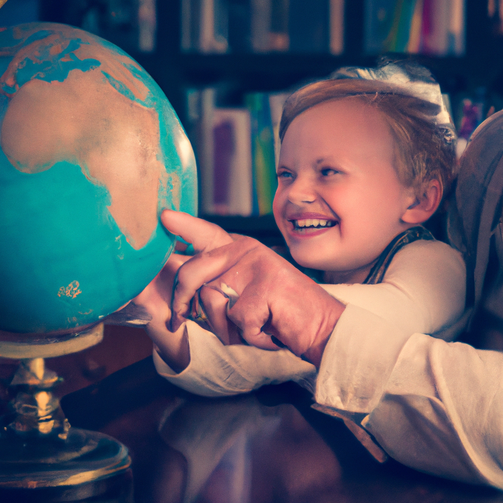 Close-up image of a young child and an elderly person, both smiling, as they interact with an antique-style desk globe illuminated under a soft light in a cozy library setting. The child points to a continent, and both show expressions of fascination and joy, symbolizing intergenerational learning and the educational benefits of a desk globe.