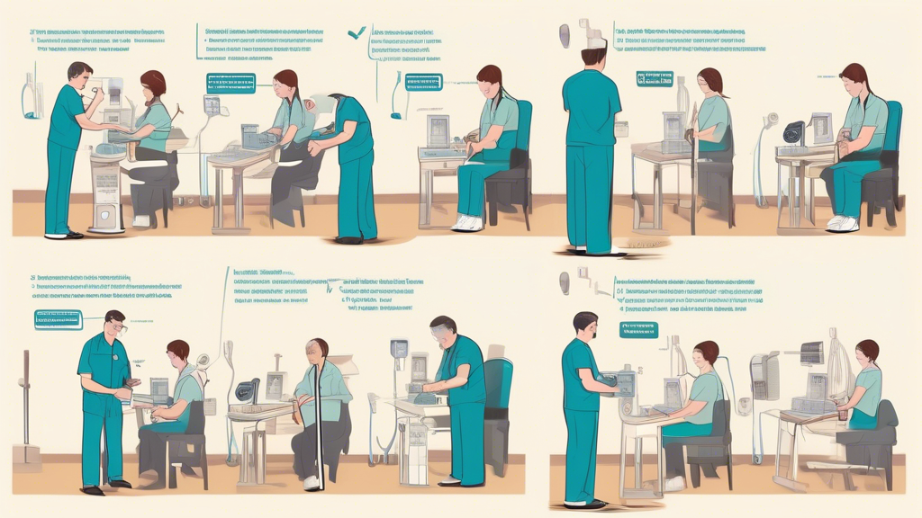 Prompt: An illustration showing a step-by-step guide of the CDL Physical Exam process. The image includes a sequence of scenes such as a driver checking in at a clinic, undergoing vision and hearing tests, having their blood pressure taken, and a doctor filling out medical forms. Each step is visually represented with labels, and the setting is a clean, professional medical office.