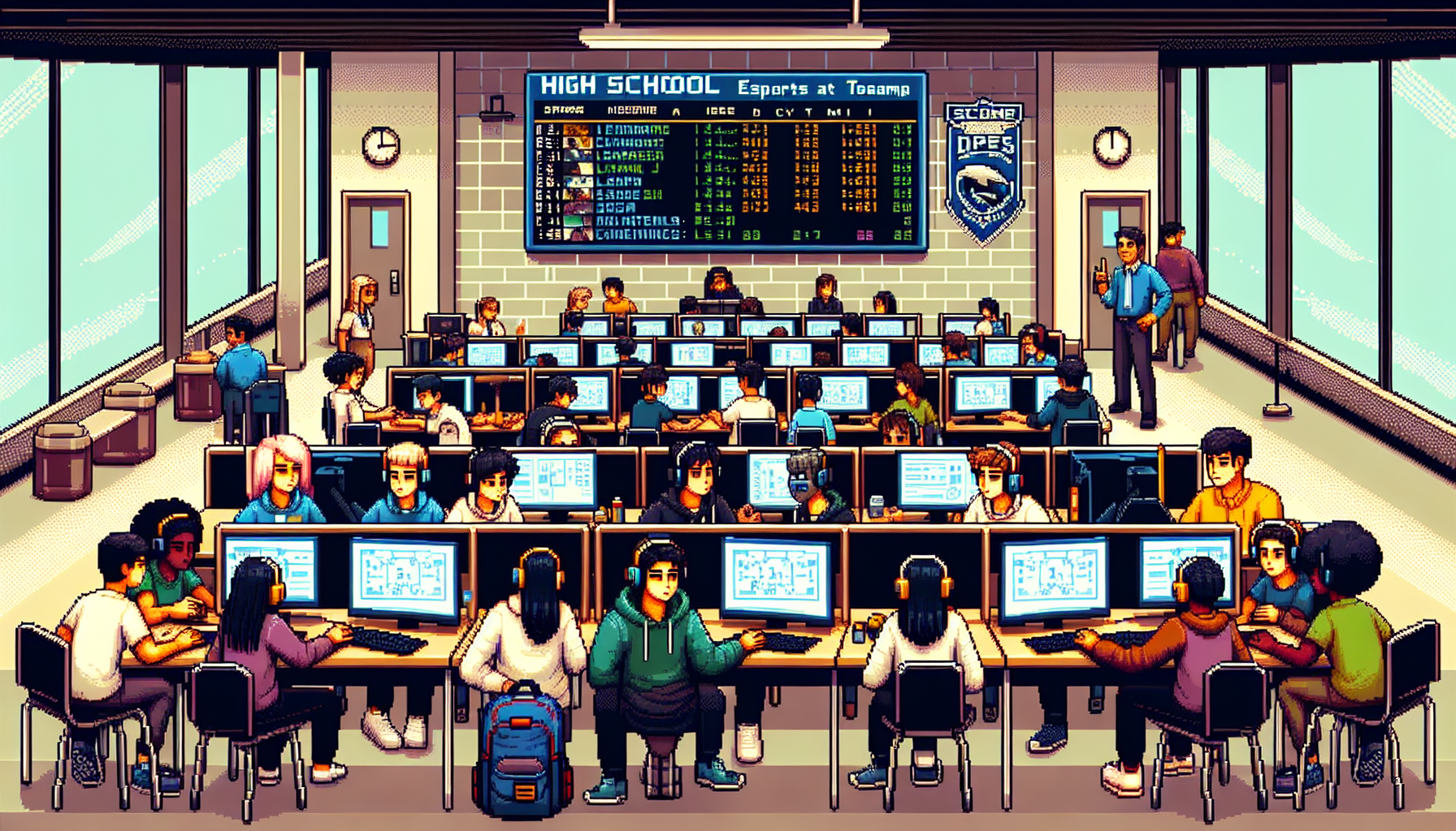 Create an image showcasing high school students actively participating in an HSEL esports tournament. The scene should depict diverse students engaged in gaming at computer stations, with expressions of focus and excitement. Include details such as a school banner or logo, coaches or teachers supervising, and a scoreboard displaying team standings. Highlight elements indicating the academic and social benefits, such as students collaborating, showing camaraderie, and some with textbooks or notes nearby. The setting should be a modern classroom or media room, illustrating a positive and inclusive environment.