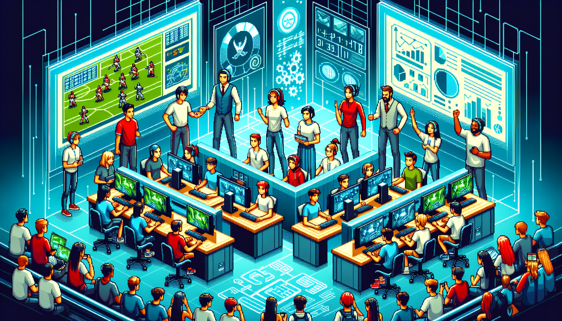 Prompt for DALL-E: An image depicting high school students participating in an HSEL esports program, facing and overcoming challenges. The scene includes a high-tech gaming lab equipped with computers and gaming consoles, teachers and coaches providing guidance, and excited students working together and celebrating their achievements. Visual elements should include charts and graphs illustrating the future prospects and growth trends in educational esports.