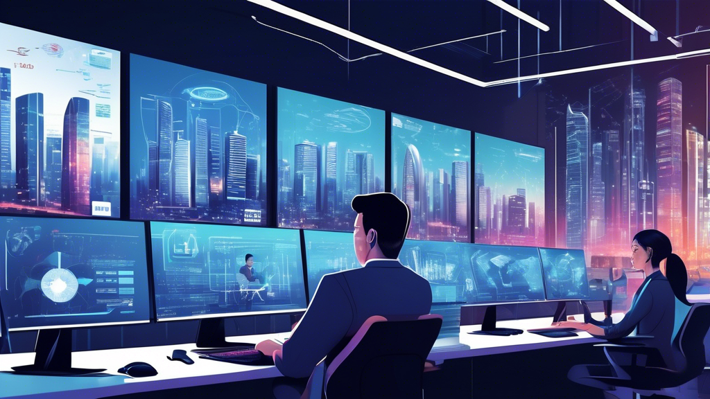 Create a detailed illustration featuring a modern, high-tech office environment where a group of diverse individuals are intensely analyzing data on multiple computer screens. The screens display complex charts, graphs, and numerical data related to Togel Singapore 2024. The background should include a cityscape view of Singapore, with iconic landmarks visible through large windows, giving a futuristic feel. Include elements such as printed reports, notebooks, and mathematical symbols to emphasize the strategic, data-driven approach to predicting Togel outcomes.