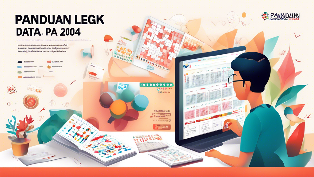 Create an image depicting a comprehensive guidebook titled Panduan Lengkap Menggunakan Data Togel Singapore 2024, with visuals of charts, graphs, and lottery balls. The scene should include a person studying the guidebook intently at a desk cluttered with notes, a calendar set to the year 2024, and a computer displaying statistical data. The overall tone should be informative and insightful, reflecting the goal of maximizing lottery outcomes.