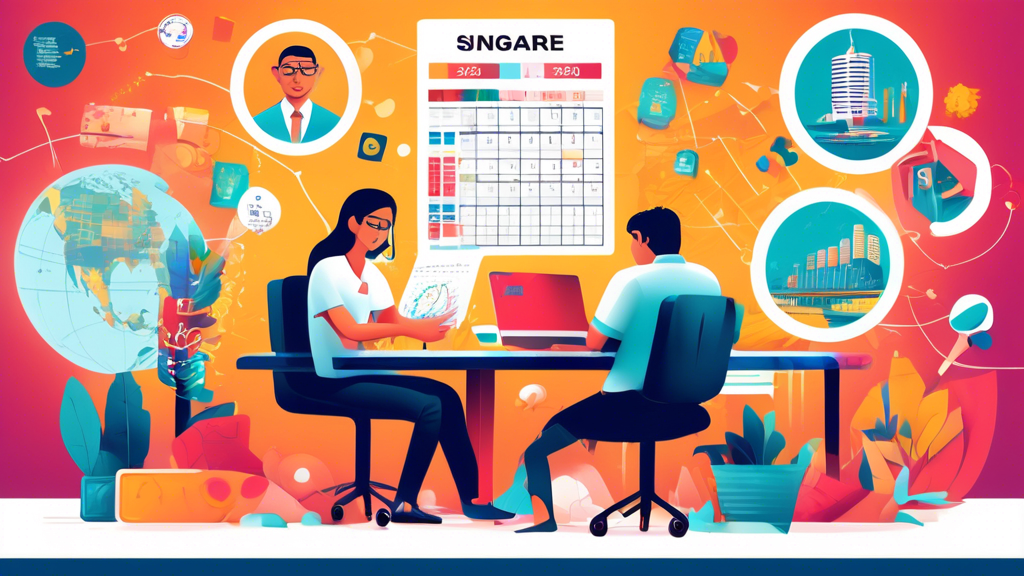 Create an informative and engaging illustration that showcases effective ways to utilize Singapore Togel 2024 data. The scene should feature a modern workspace with a computer displaying data charts, graphs, and statistical analyses. Include elements such as a notepad with tips and tricks, a calendar marking important dates, and people collaboratively discussing strategies. Make sure the colors are vibrant and the atmosphere is professional yet approachable.