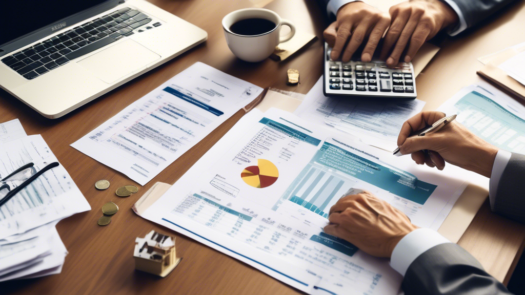 Prompt for DALL-E: An organized, visually engaging image that depicts the process of securing financing to buy a house. Include elements such as a couple discussing mortgage options with a financial advisor at a desk, a clipboard with mortgage pre-qualification documents, and a calculator displaying the calculation of total costs. The background should show charts of interest rates and loan terms, and a small house model or icon to symbolize buying a house.