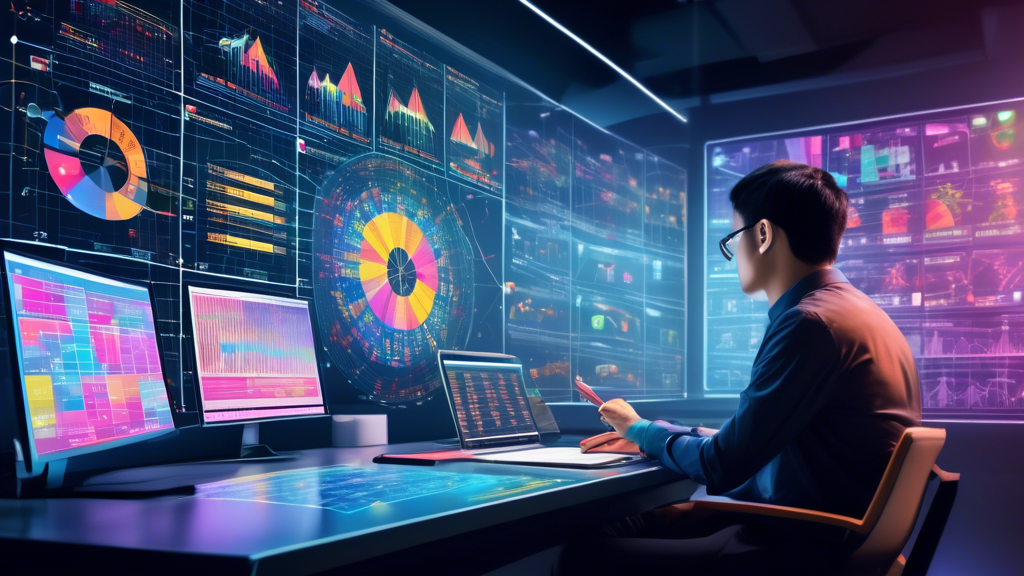 Create an image of a person analyzing complex data patterns on a large computer screen with various charts, graphs, and statistics related to the Singapore lottery for the year 2024. Include elements such as numbers, colorful visuals, and a calendar marked with dates, to represent a comprehensive guide. The setting should be in a modern, well-lit office environment.