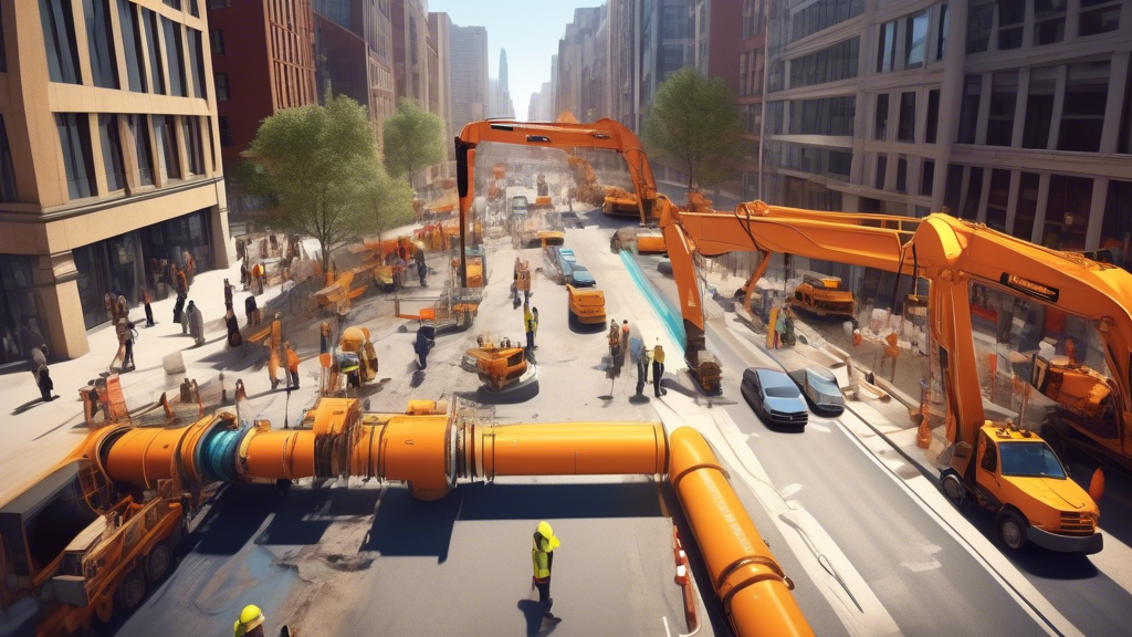 Create an image showing a vibrant urban setting where a trenchless pipe repair is taking place beneath the busy streets. Highlight the minimal disruption on the surface; show pedestrians and traffic moving smoothly above ground while advanced trenchless machinery operates underground. Include elements that emphasize cost-efficiency, such as a 
