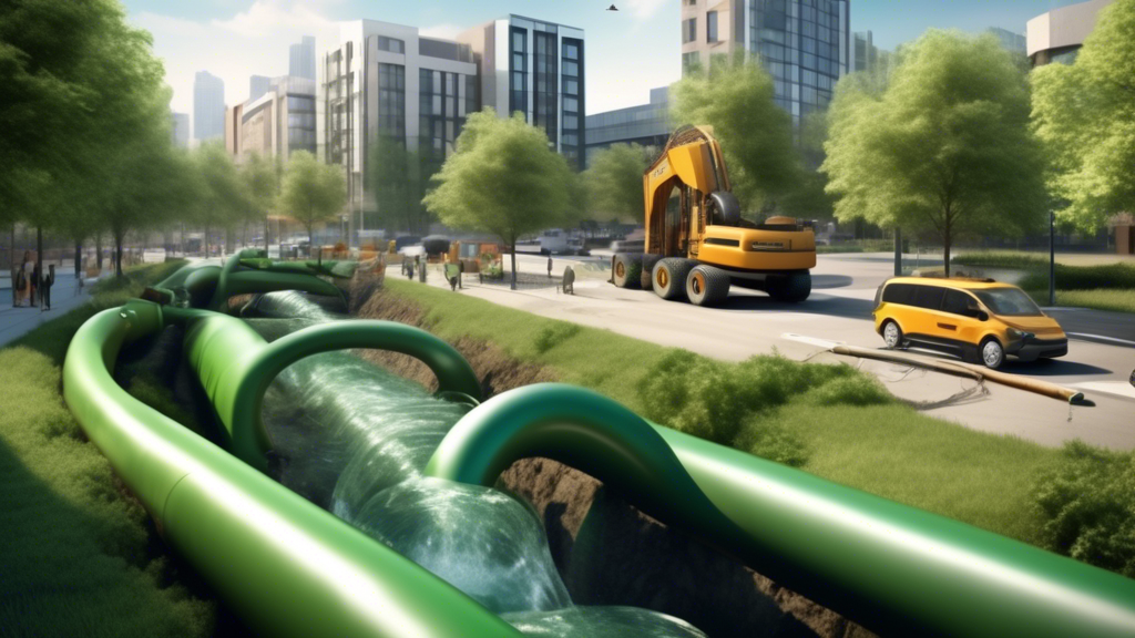 Create an image that captures the environmental and economic benefits of trenchless pipe repair: a bustling modern cityscape with green parks and clean water flowing through rivers, with an underground view showing a trenchless pipe repair project in progress. Highlight the non-invasive repair process with minimal disruption on the surface, showcasing machinery and technologies used. Include visual elements that suggest enhanced sustainability and resilience, such as healthy ecosystems and efficient financial charts illustrating cost savings. Make sure the image promotes a positive message about the impact of trenchless pipe repair on both the environment and the economy.