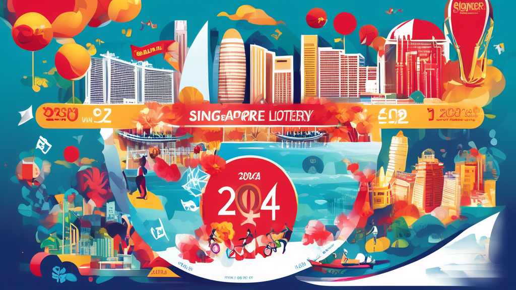 Create an illustration that depicts the concept of optimizing the use of Singapore 2024 lottery data for big wins. The image should include elements such as data charts, graphs, a calendar showing the year 2024, and happy, triumphant people holding lottery tickets. Incorporate a lively Singaporean backdrop with iconic landmarks like Marina Bay Sands to emphasize the setting.