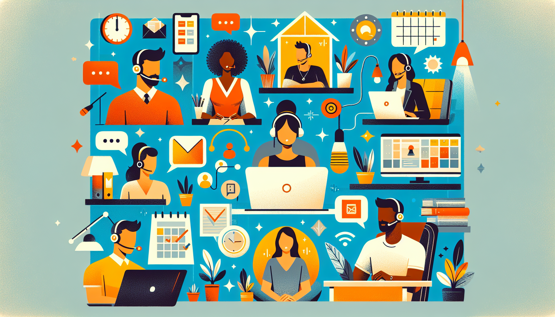 Create an image that showcases individuals working remotely as virtual assistants from the comfort of their homes. The scene should depict a cozy home office setup with a laptop, headset, and relevant productivity tools. Include visual elements that represent the variety of tasks virtual assistants handle, such as managing emails, scheduling appointments, and handling social media, to convey the multi-faceted nature of the role. The setting should be modern, organized, and inviting to reflect the professional yet flexible lifestyle of a virtual assistant.