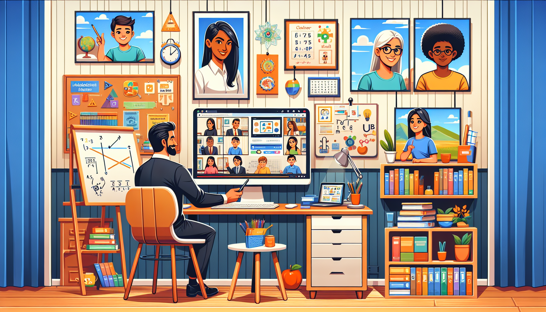 Create an engaging and vibrant scene of a home office setup where an online tutor is conducting a virtual lesson. The room should have a warm, inviting atmosphere with educational posters on the wall, a whiteboard, and a neatly organized desk. The tutor, a friendly adult, is interacting with diverse students displayed on a computer screen, demonstrating the use of modern teaching tools like a tablet and stylus for shared documents. Include elements that highlight various subjects such as math books, science models, and language learning posters. Ensure the scene captures the efficiency and comfort of providing educational services from home.