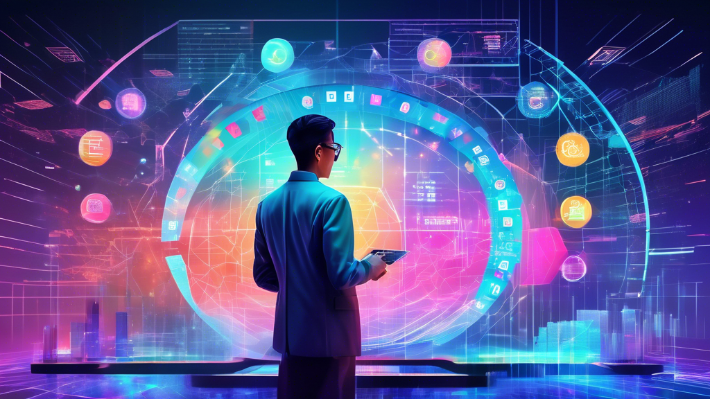 Create an image of a person analyzing data on a futuristic holographic screen with numbers, charts, and graphs related to Togel Singapore 2024. The person looks focused and is surrounded by a high-tech environment with digital elements floating around, symbolizing the strategic use of data for predicting lottery outcomes.