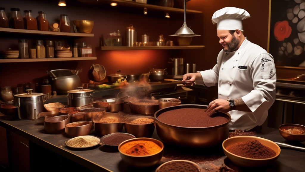 Chef in a bustling kitchen gracefully sprinkles cocoa powder into a pot of simmering chili, showcasing the unexpected use of cocoa in enhancing savory dishes. The backdrop features various savory meals like pulled pork, beef stew, and rich, dark sauces, each labeled with hints of cocoa powder as a spice. The atmosphere conveys a sense of culinary exploration and innovation, with emphasis on balancing and enriching flavors using cocoa.