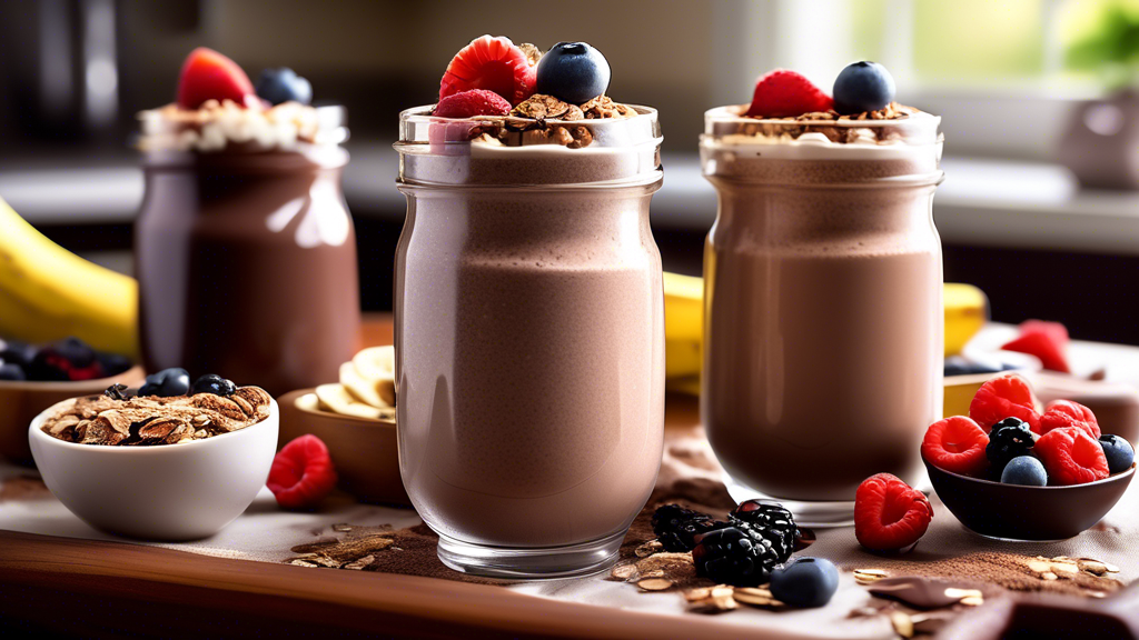 Healthy breakfast set-up featuring chocolate banana smoothies, cocoa-infused oatmeal topped with berries, and yogurt parfaits layered with granola and a sprinkle of cocoa powder, on a sunny kitchen table with a backdrop of fresh fruits and a jar of cocoa powder, encouraging a guilt-free, chocolaty indulgence.