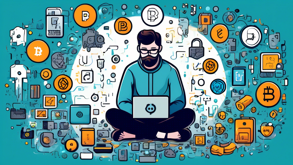 Create an image that shows a person contemplating different types of crypto wallets to choose from. The person is surrounded by floating icons representing hardware wallets, software wallets, and paper wallets. Include elements that signify security, usability, and accessibility, such as a lock symbol, a user-friendly interface, and a desktop and mobile device.