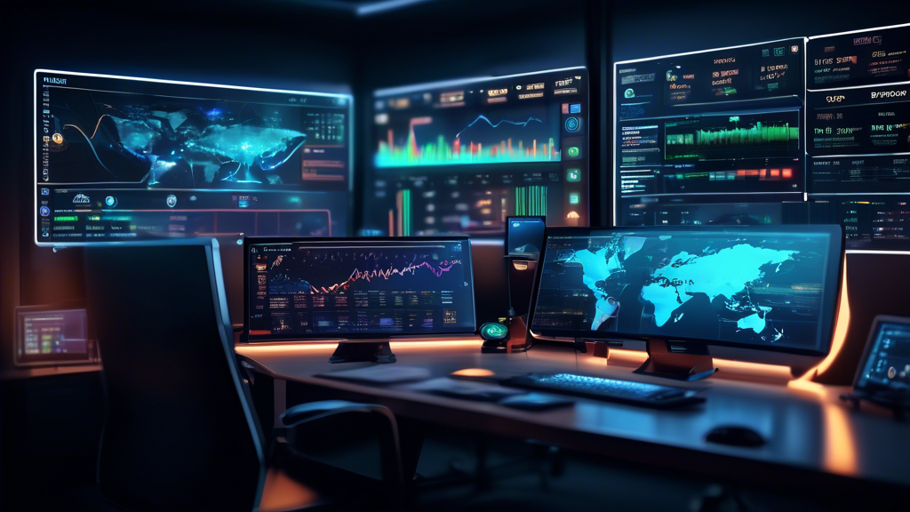 Create an image depicting a futuristic, sleek trading dashboard glowing on a high-tech monitor in a modern workspace. The dashboard features logos and elements from top crypto trading platforms like Binance, Coinbase, Kraken, eToro, and Bitfinex. The background includes subtle hints of cryptocurrency icons (Bitcoin, Ethereum, etc.) and trading charts, suggesting activity and leading technology. The overall theme should convey innovation, security, and professionalism, emphasizing the top trading platforms