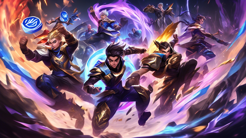 DALL-E Prompt: A dynamic digital artwork showcasing the top teams and star players of LOL Worlds 2022 in an intense battle scene. Capture the emblematic logos of standout teams, like T1 and Edward Gaming, and portray key players using their signature champions in epic action moments. The scene should include innovative strategies and meta shifts, with a backdrop of a grand esports stadium filled with an enthusiastic crowd. Use vibrant colors and dramatic lighting to emphasize the excitement and high stakes of the competition.