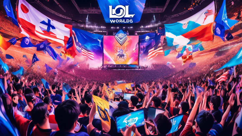 Create an image showing a vibrant collage of various scenes from LoL Worlds 2022. Include energetic crowds of fans holding signs and cheering, popular social media posts with excited comments, and visuals of the global reach of the event, with diverse fans from different countries indicated by their flags. Capture the electric atmosphere and cultural impact of the event, highlighting its significance in the esports community.