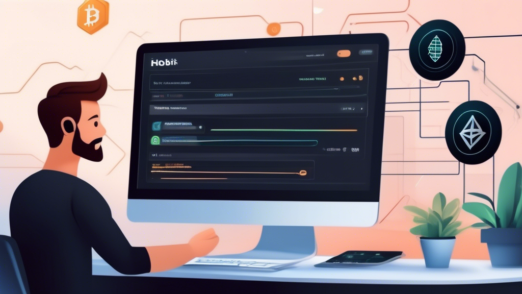 Create an image of a user-friendly cryptocurrency exchange interface on a computer screen, showcasing the steps to create an account on Hotbit. The screen should display clear and simple instructions, such as filling out a registration form, verifying email, and setting up security measures. In the background, show a person happily interacting with the computer, symbolizing ease of use. Include elements like colorful icons and security badges to represent a safe and intuitive onboarding process.