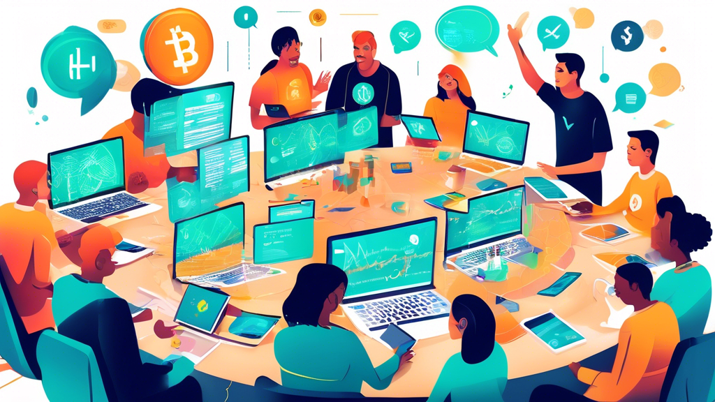 Create an image that shows a group of enthusiastic beginner investors gathered around a table with laptops displaying the Hotbit exchange interface. The scene should be rich in details, such as charts, cryptocurrency symbols, and educational materials like tutorials and webinars on screens. Include thought bubbles showcasing strategies like 