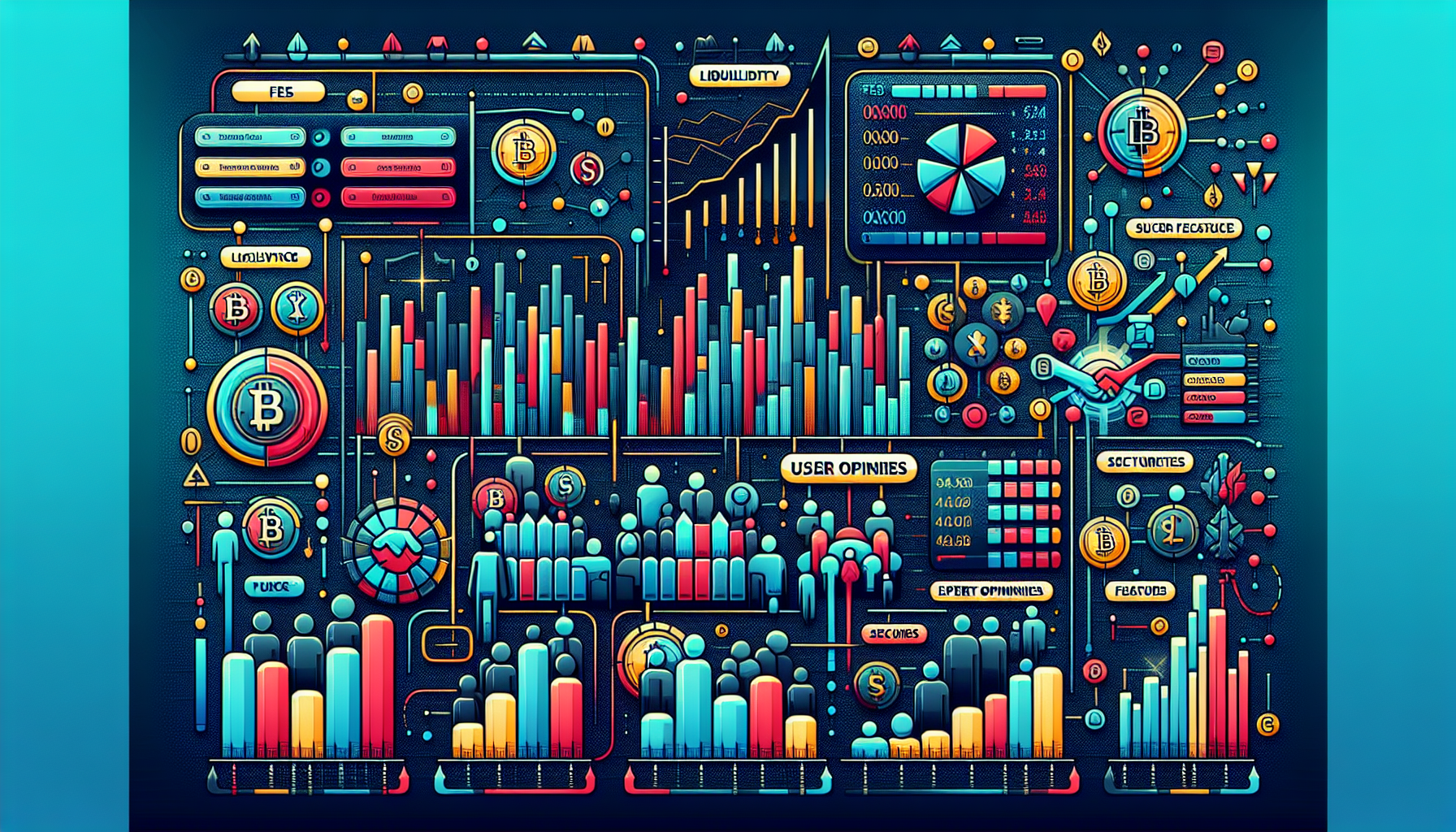 Create an image that shows a detailed comparison chart of top cryptocurrency trading platforms for 2023, such as Binance, Coinbase, and Kraken. The chart should highlight key factors like fees, liquidity, number of available cryptocurrencies, user interface, security features, expert opinions, and user reviews. The background can include subtle imagery of digital currencies and graphs to emphasize the trading aspect.