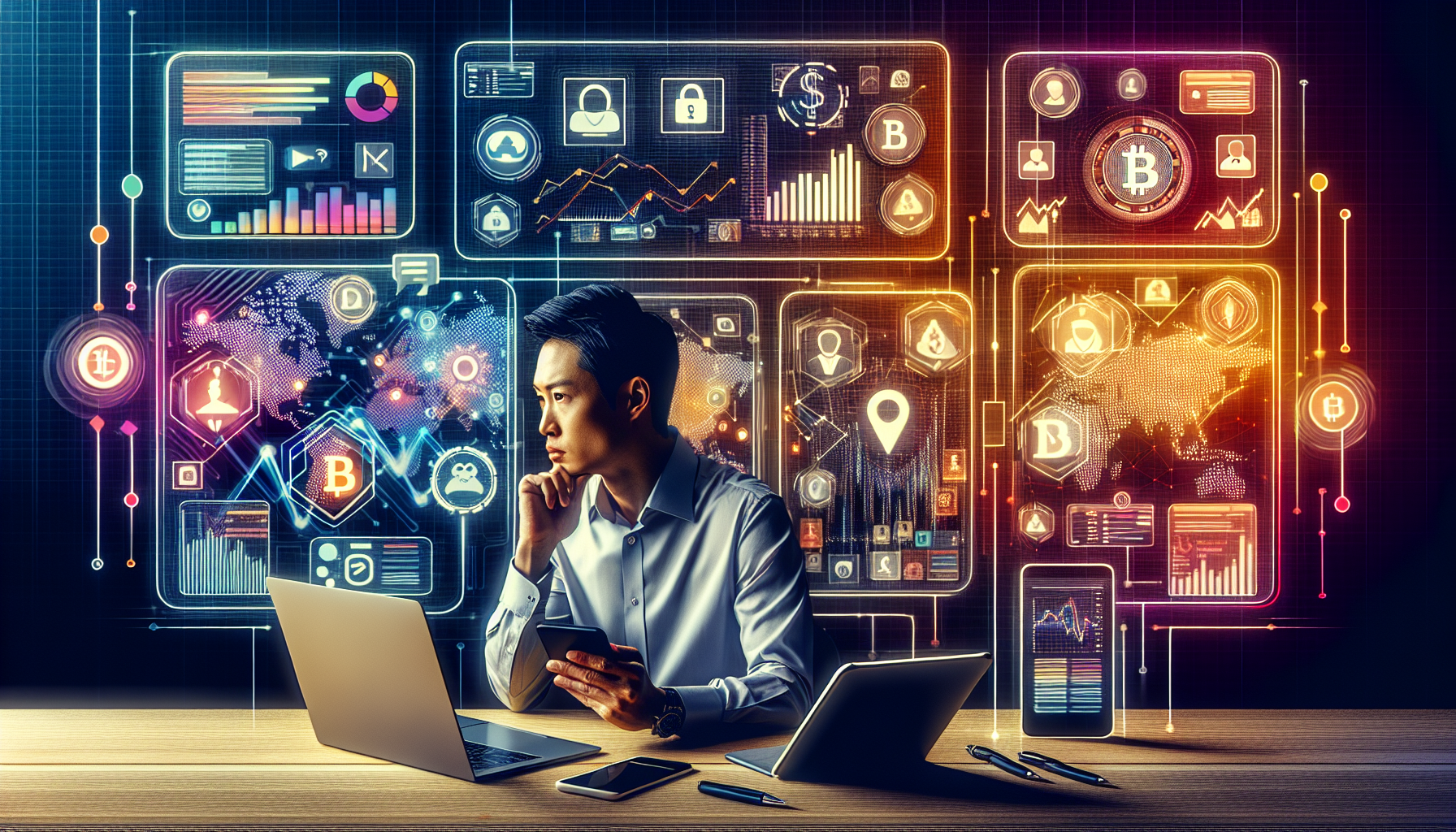 Prompt for DALL-E: 

An illustration of a person navigating through various crypto trading platforms on multiple devices (laptop, tablet, smartphone). The background includes elements like market analysis charts, mobile app interfaces, and features like security settings and customer support icons. The person appears thoughtful and focused, comparing options to find the best platform for their trading needs. Include logos or references to popular platforms like Binance, Coinbase, and Kraken.