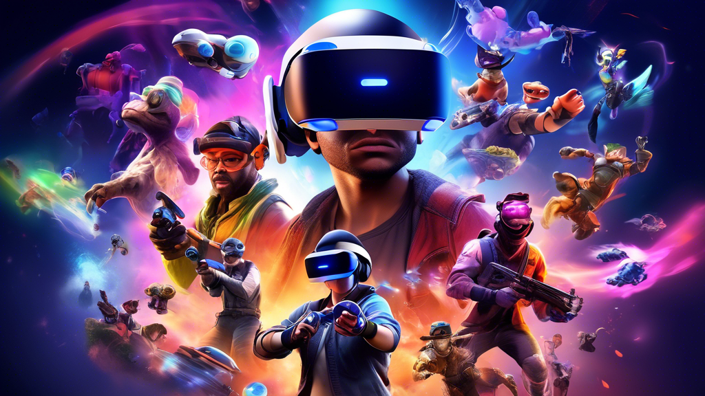 Create an image featuring a vibrant showcase of top PS VR games. The image includes detailed, dynamic scenes from popular titles with characters in action, immersive environments, and impressive visual effects. Emphasize the excitement and diversity of gameplay experiences, incorporating elements from different genres like adventure, sci-fi, and fantasy. The background hints at positive customer ratings and critical reviews, perhaps with star ratings or review snippets embedded subtly into the design. Make sure the PlayStation VR headset is visible, connecting the gameplay scenes to the virtual reality experience.