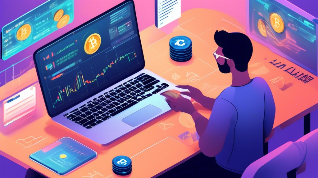 Create an illustration depicting a person setting up a cryptocurrency investment account on M1 Finance. The scene should include a laptop screen showing the M1 Finance interface, with options for selecting different cryptocurrencies. The background should subtly feature charts and graphs symbolizing crypto market analysis. Include visual elements like a step-by-step checklist and progress bars to illustrate the account setup process. Keywords: M1 Finance, crypto investing, account setup, digital currency.