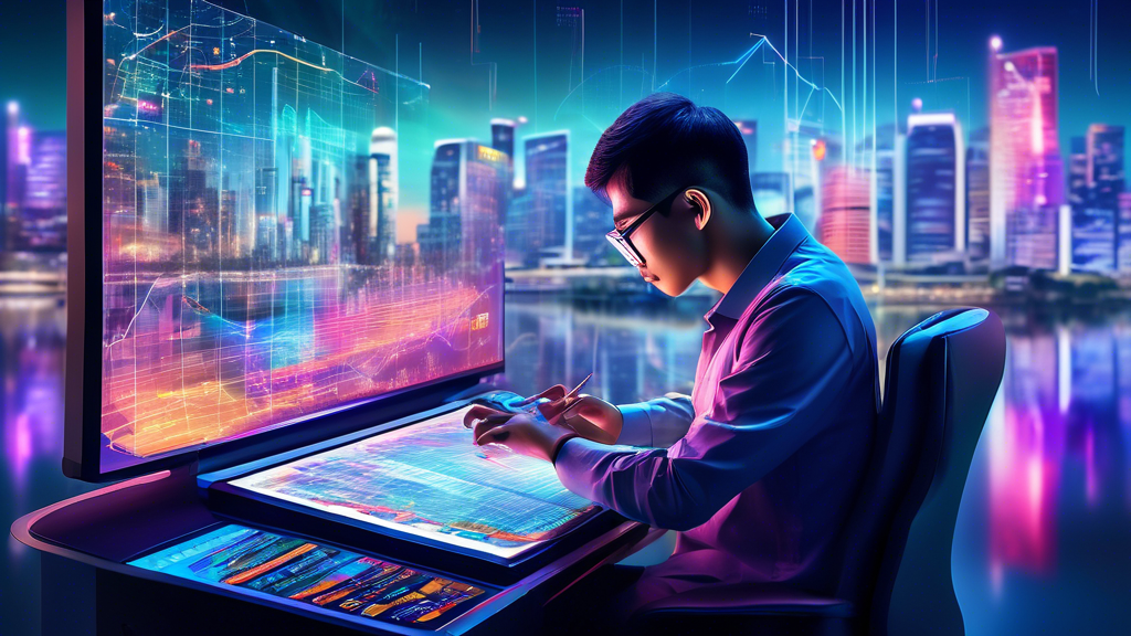 Create an image of a futuristic lottery enthusiast analyzing intricate data charts and graphs on a high-tech holographic computer screen. The background features elements of Singapore