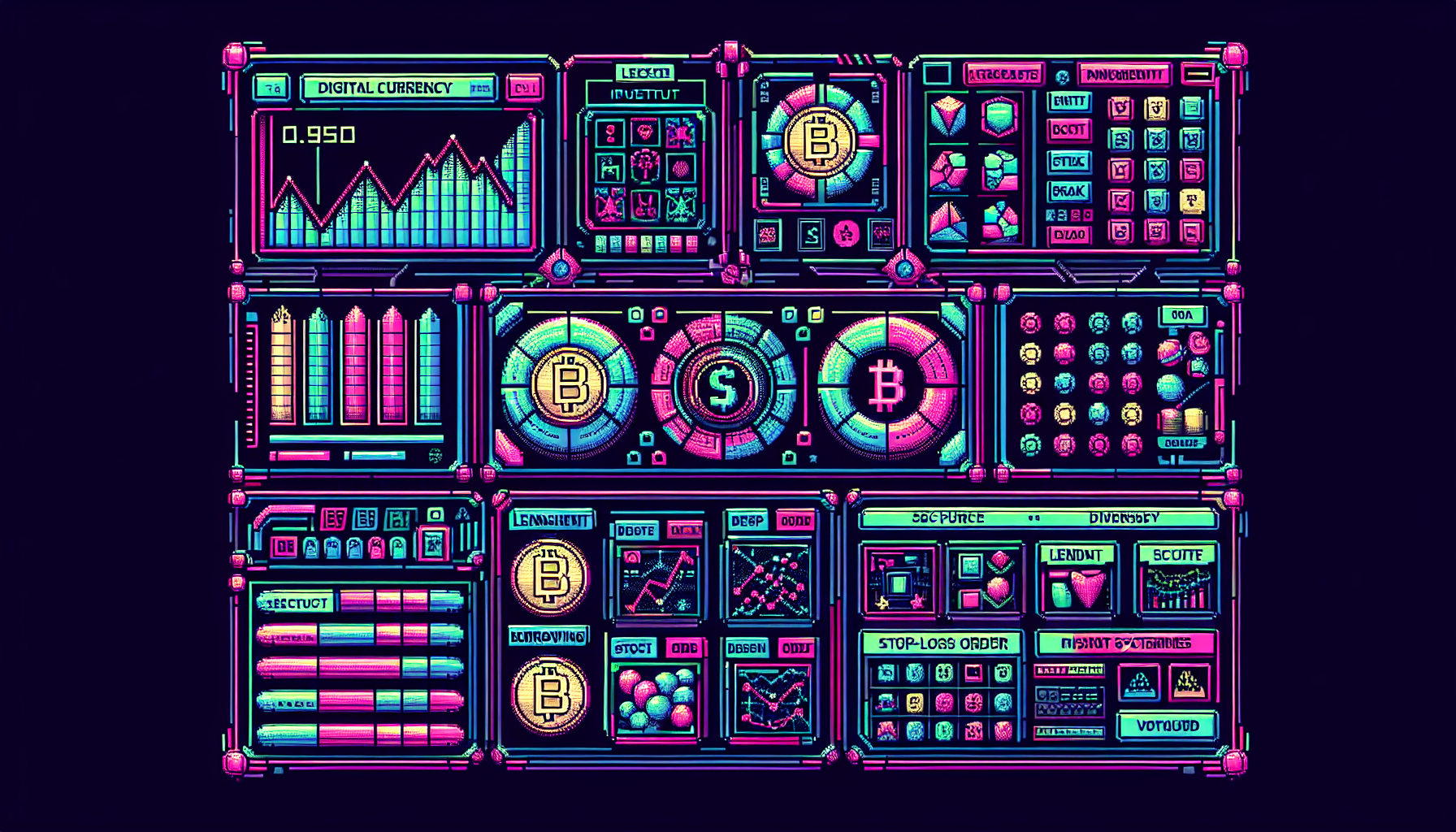 Create an image depicting Strategies to Safely Leverage Crypto Investments, featuring a futuristic digital financial dashboard showcasing diverse cryptocurrency assets, safe investment strategies, and risk management tools. Include visuals of crypto lending and borrowing platforms, stop-loss order mechanisms, and elements emphasizing security and diversification in the digital financial landscape.