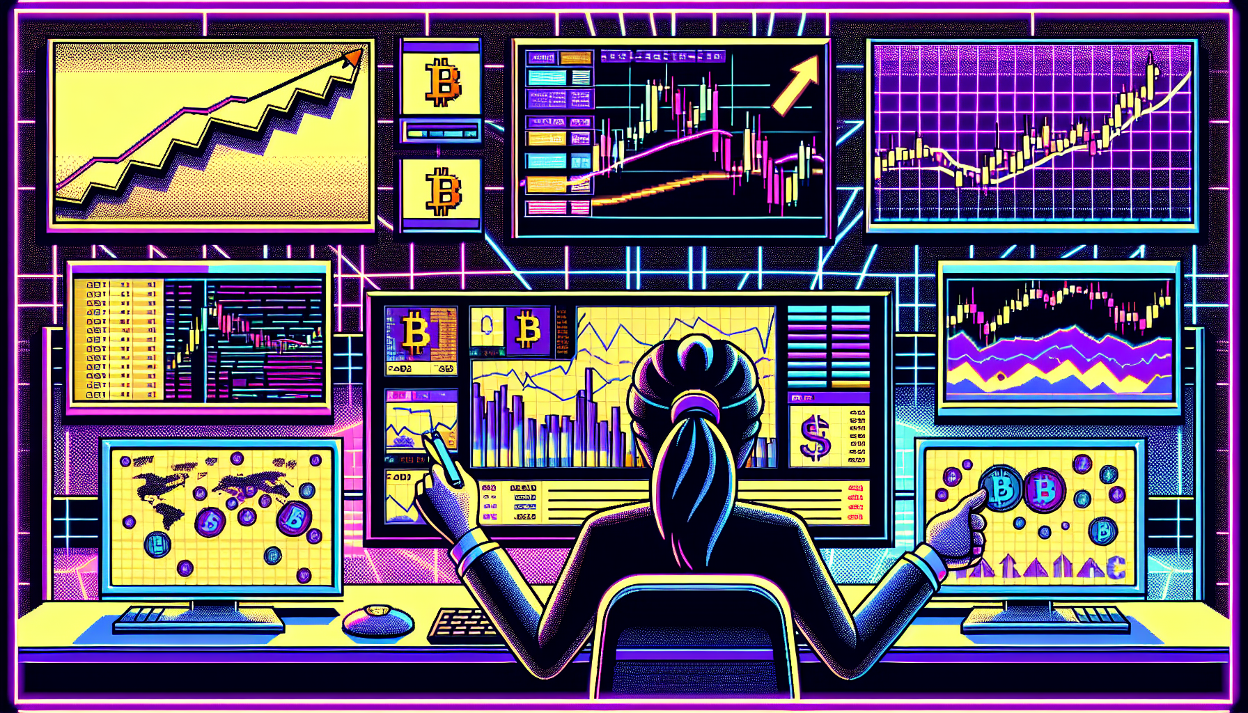 Create an image that portrays an investor analyzing cryptocurrency charts and graphs on multiple monitors during a bull market and a bear market. Include visual elements like upward and downward trending lines, bullish and bearish candlestick patterns, and digital currency symbols, showcasing a dynamic environment where leveraging strategies are being applied. Emphasize the contrast between the bullish and bearish market conditions in the background.

Keyword: leverage crypto.