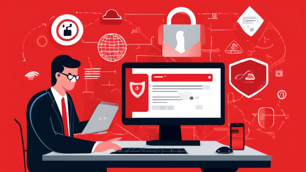 Create an image that illustrates protective measures against phishing attacks. The scene should show a person at a computer with security software running, email examples highlighting red flags, and icons representing best practices for safeguarding personal information. Include symbols for tools and technologies like antivirus software, multi-factor authentication, and secure VPN connections to emphasize the importance of these preventative measures.