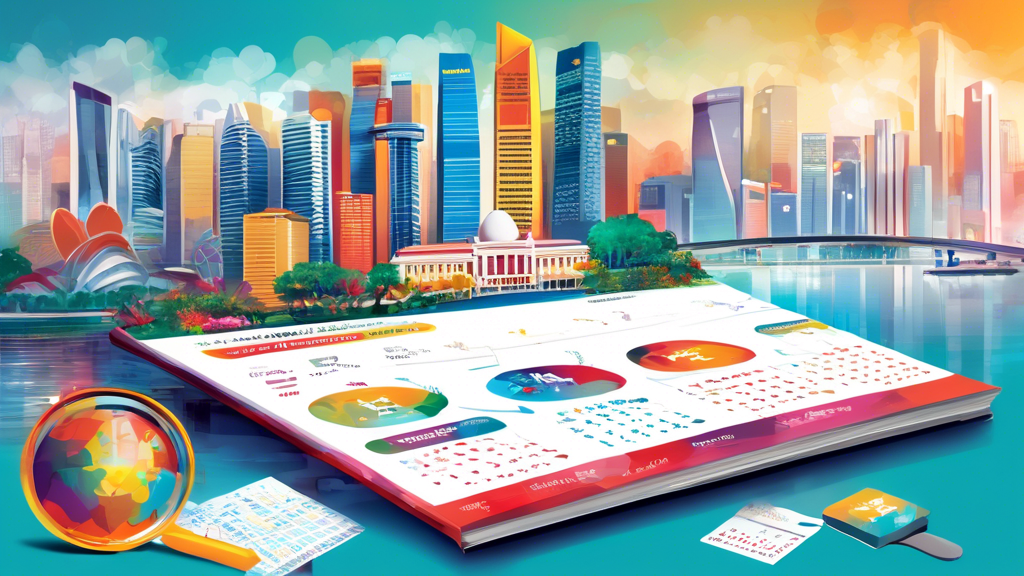 Create an image that visually represents an expert guide for effectively using Singapore Lottery Data 2024. Include elements like a calendar, data charts, graphs, a magnifying glass highlighting important numbers, and a sophisticated individual analyzing these data points on a digital device. Incorporate a modern cityscape of Singapore in the background to give a local context.