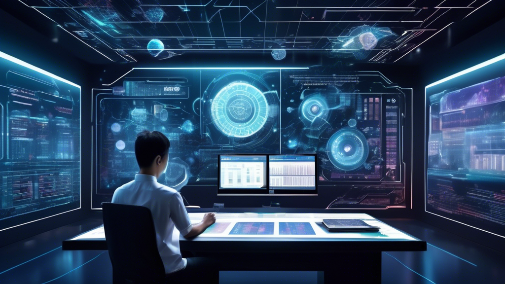 Create an image that depicts a futuristic, high-tech room filled with advanced computer systems and holographic displays. In the center, show a person intensely examining detailed charts, statistical graphs, and numeric data related to lottery predictions for Singapore 2024. Include elements like predictive algorithms, mathematical formulas, and a calendar highlighting daily objectives. The overall atmosphere should be one of intense focus, strategy, and technological sophistication aimed at mastering the art of winning.