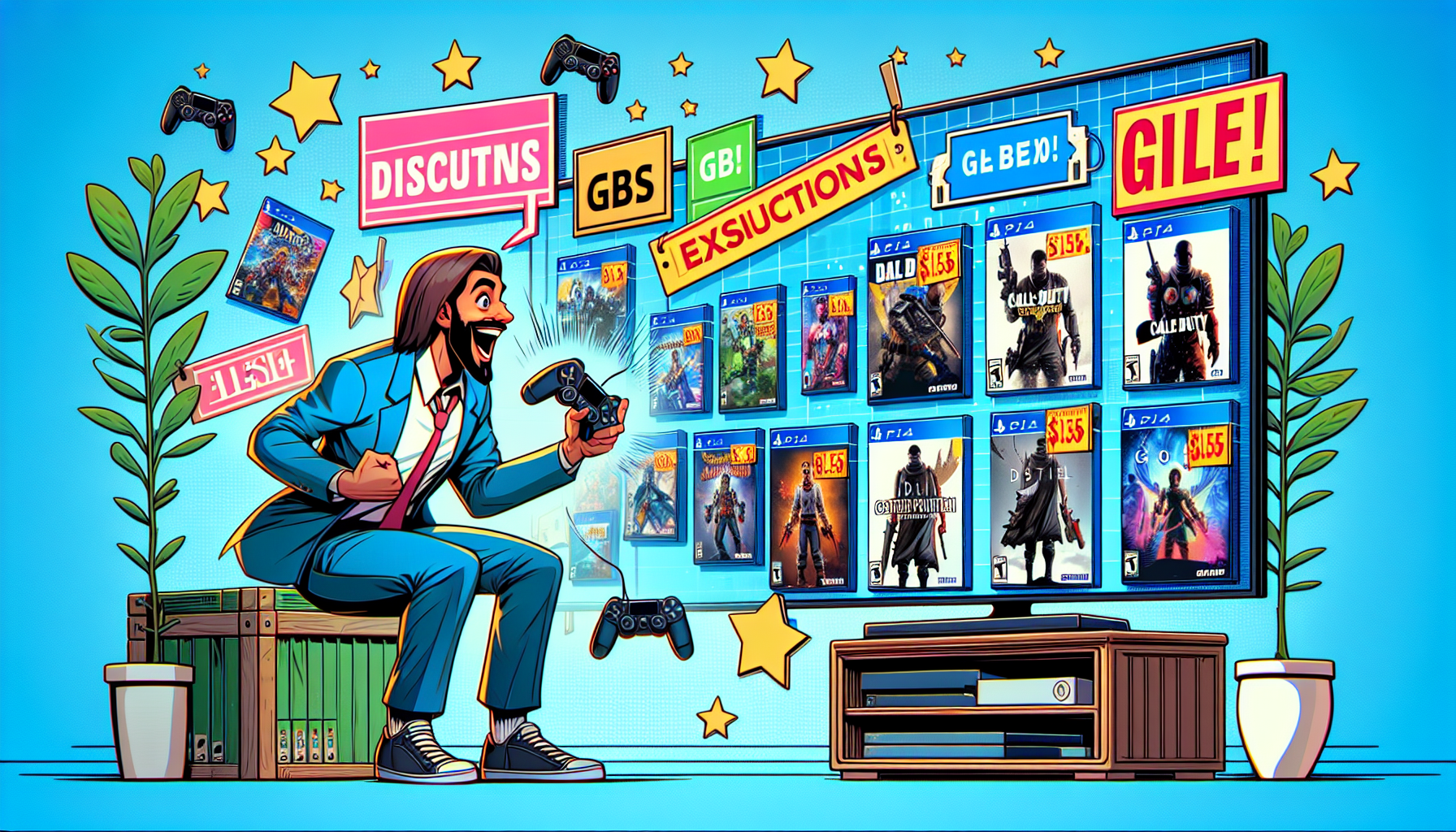 Create an image where a gamer is excitedly browsing the PS4 Store on a large screen TV, with various video game covers and price tags prominently displayed. Emphasize price drops and discounts with bright, eye-catching labels like Big Savings! and Flash Sale! Include a corner banner that showcases special offers for PlayStation Plus members. The background should have subtle hints of popular game characters and genres, creating a vibrant and dynamic shopping experience atmosphere.