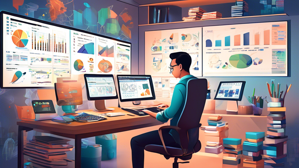 Create a detailed digital illustration depicting a well-organized workspace where a data analyst, engrossed in work, utilizes various tools and charts to analyze Singapore Togel 2024 data. The scene should include a computer displaying statistics, graphs, and predictive models, accompanied by stacks of notes and books labeled with titles such as Tips and Tricks and Expert Strategies. Add a sophisticated feel to the atmosphere, possibly with a hint of Singaporean culture in the background.