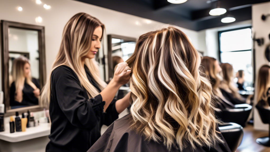 A vibrant hair salon scene, showcasing a variety of hair styles and techniques for brown hair with blonde highlights. The image features a professional stylist performing popular highlighting techniques like balayage, ombre, and foil on different models. Some highlights are chunky and bold, while others are subtle and fine. The salon is modern and well-lit, displaying a range of hair care products and tools on the shelves in the background. Each model has distinct shades of brown hair with blonde highlights, perfectly customized to show off the versatility of the styles.