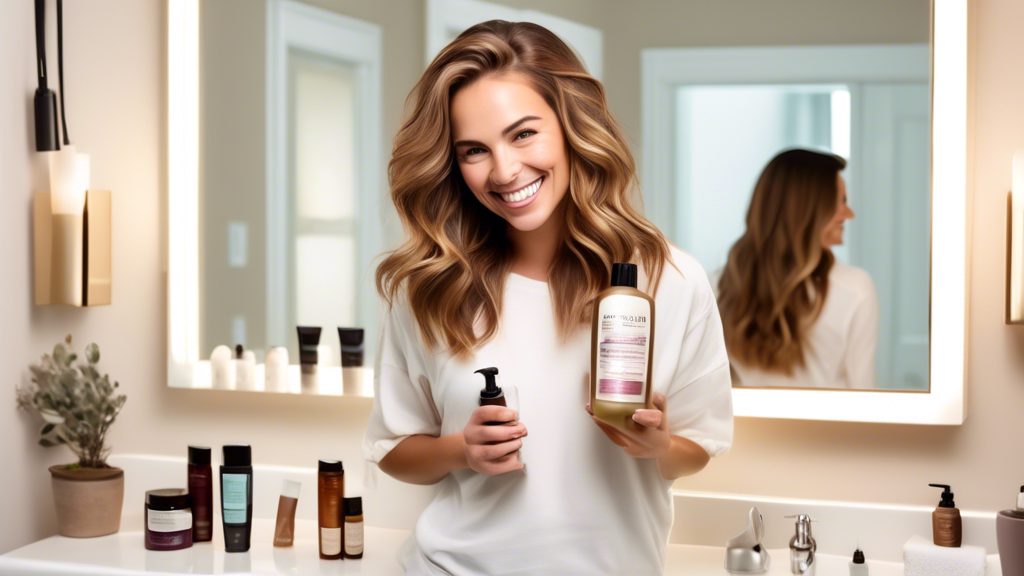 Create an image: A woman with brown hair and blonde highlights, smiling in front of a bathroom mirror. She is holding hair care products like a sulfate-free shampoo and a deep conditioning mask. Around her are various hair products and tools like a wide-tooth comb, silk pillowcase, and a bottle of leave-in conditioner. The background should include a gentle light setting that accentuates the vibrancy of her highlighted hair.