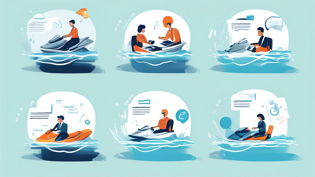 An illustrated step-by-step guide: 1) Research online for jet ski accident attorneys, 2) Schedule consultations with shortlisted attorneys, 3) Ask key questions such as experience and success rate, 4) Evaluate communication style, 5) Compare fee structures. The scene shows people using laptops, talking to attorneys, taking notes, and discussing fee structures in various scenarios. Icons for consultations, checklists, and legal symbols are featured prominently. The atmosphere should be professional and informative.