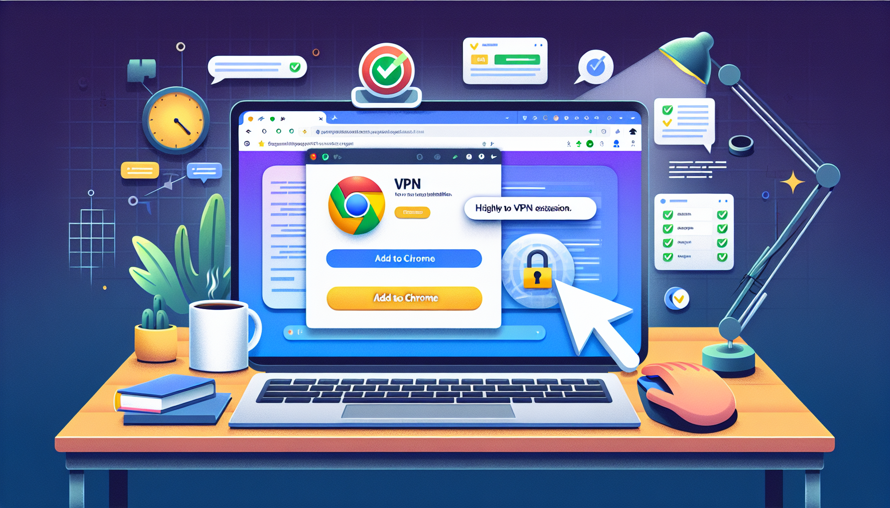 Create an image depicting the process of setting up a VPN in Chrome, focusing on a computer screen displaying the Chrome Web Store with various VPN extensions listed. Highlight a user cursor hovering over a highly-rated VPN extension to install. Show a mouse clicking on the 